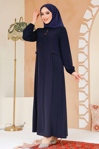 Neva Style Pile Detailed Navy Blue Hijab Ferace 45289L