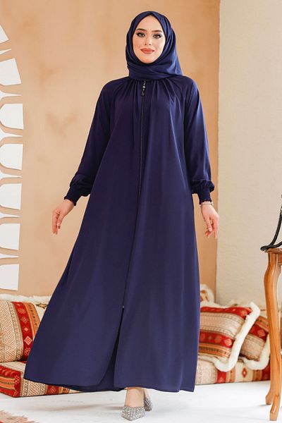 Neva Style Zippered Navy Blue Hijab Ferace 45293L