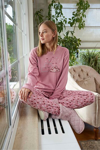 Aydoğan Aydoğan Women &Apos; S Thermal Pajamas - Long Sleeve, Cloud Pattern, Purple