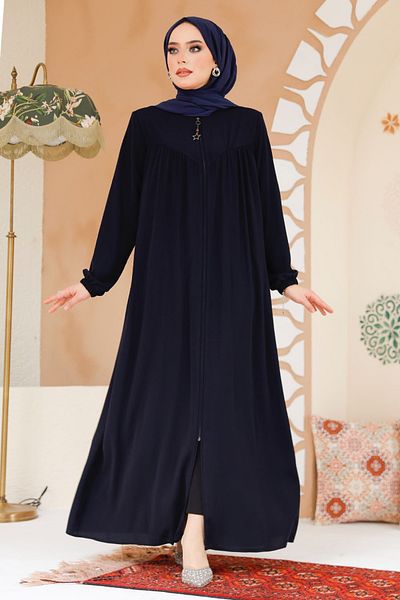 Neva Style Zippered Navy Blue Hijab Ferace 45285L