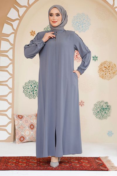 Neva Style Hijab gri Ferace cu mâneci și detaliu nasturi 45292GR