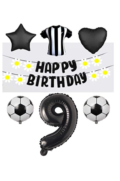 PARTY STORE مروحة باللونين الأبيض والأسود - مجموعة بالونات فويل وبانر إيفا (العمر 9)