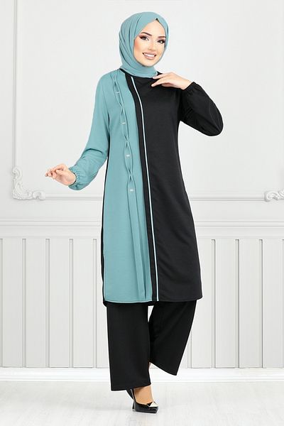 ModaMerve Hijab Set - Rib Detail, Black and Mint 9118Pl940-M