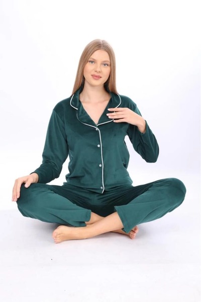 Elit Set de pijamale de iarnă din catifea cu nasturi în față verde Set de pijamale pentru femei