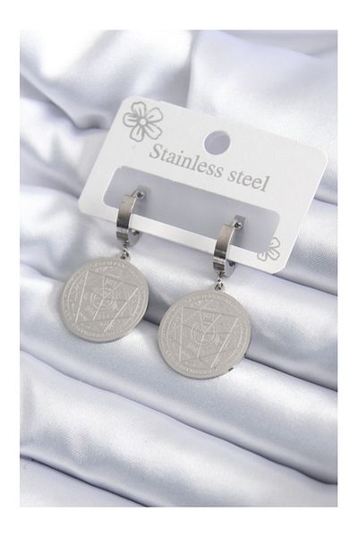 Store 316l الصلب الفضة اللون الخماسي نموذج التطريز أقراط نسائية