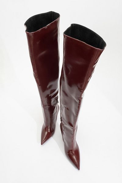 LuviShoes Cizme de damă CLEJA din piele lacuită bordeaux, cu toc subțire, peste genunchi