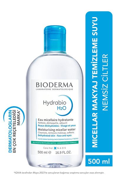 Bioderma Hydrabio H2O Feuchtigkeitsspendendes Mizellen-Make-up-Reinigungswasser für trockene Haut, Gesicht und Augenkontur, 500 ml