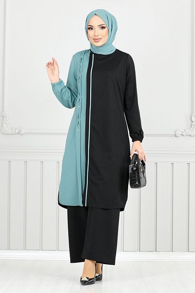 ModaMerve Hijab Set - Rib Detail, Black and Mint 9118Pl940-M