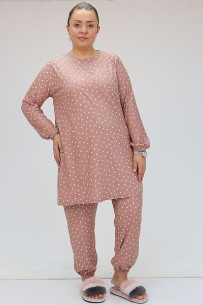 Eslina 47810 Large Size Sleeves Elastic Micro Suede Pajamas Set - Powder