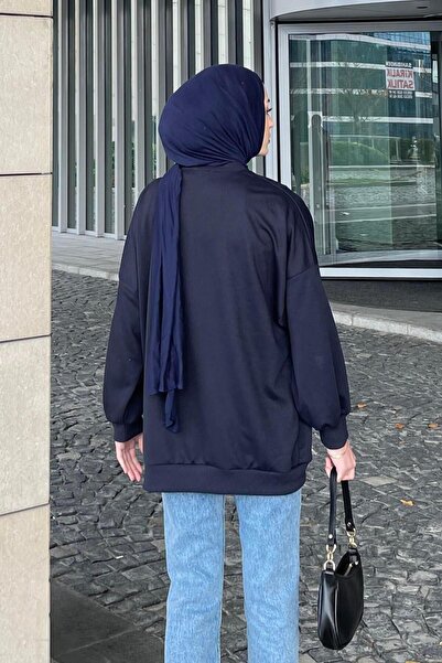 lamelif Μπλε ναυτικό φούτερ - Φούστα με μπαλόνι μανίκια και γιακά και μανσέτες