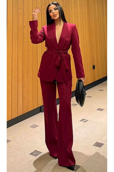pembekurdelem Burgundy Belted Women's Jacket and Trousers Set