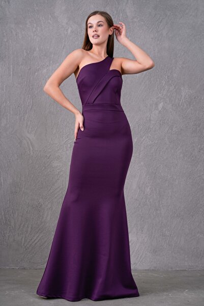 bayansepeti Scuba Krep Kumaş Straplez Yaka Tek Askı Tasarım Maxi Mürdüm Abiye...