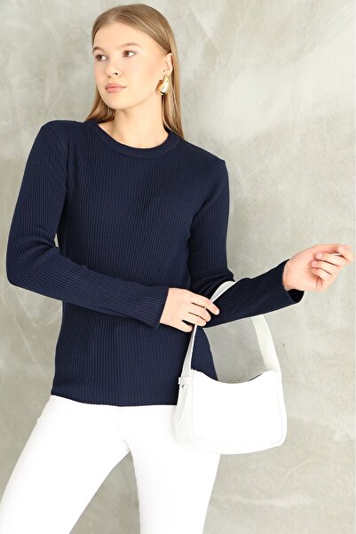 VEGENZE Women's Navy Blue Corded Crew Neck Sweater