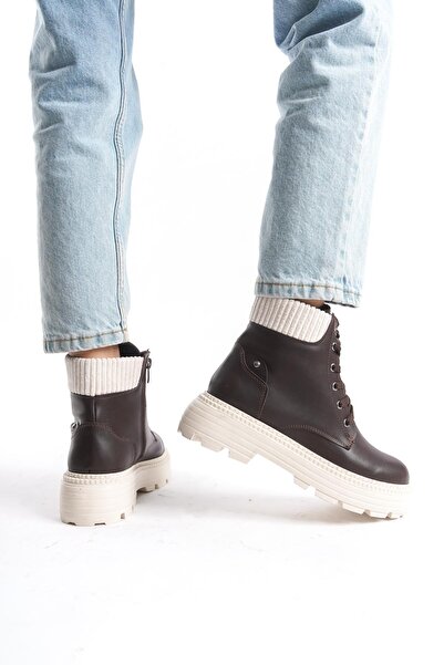 CZ London Kadın Kısa Postal Bot Tırtık Kalın Taban Günlük Yuvarlak Burun Bot