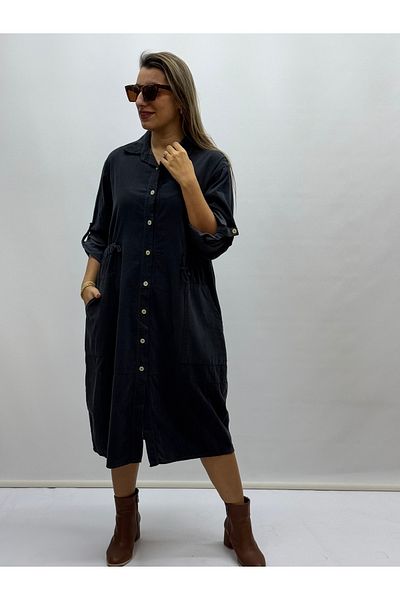 İTALYAN BUTİK Italian Waist Cord Bagged Slim Trophy Velvet Shirt Dress
