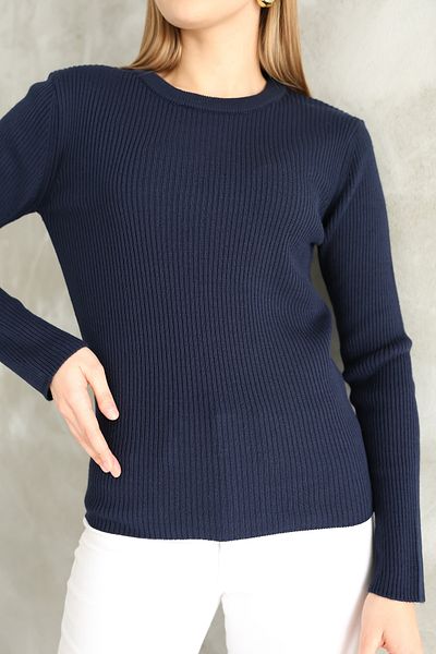 VEGENZE Γυναικείο πουλόβερ με λαιμόκοψη Navy Blue με ραβδώσεις