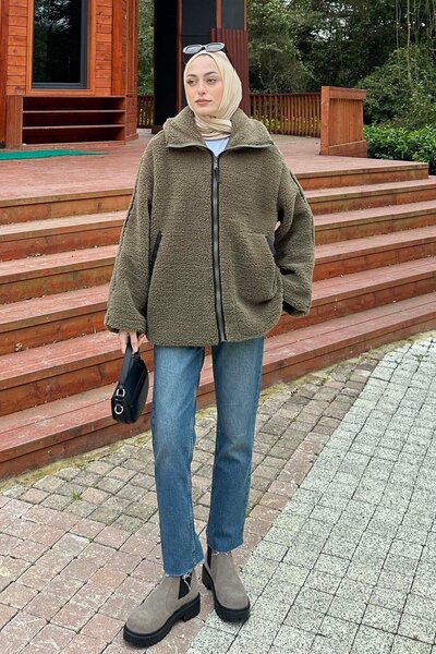 lamelif Khaki Tedy Plush Coat - Piping Detail