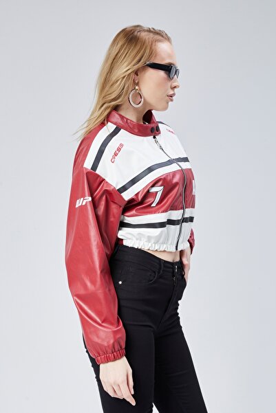 CHOS7N Women's Leather Printed Jacket - Rubber Waist, Sleeves and Prevailing Collar Bomber Coat