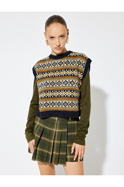 Koton Sima Tarkan Oversize Knitwear Sweater - Round Neck, Multicolor Ethnic Pattern