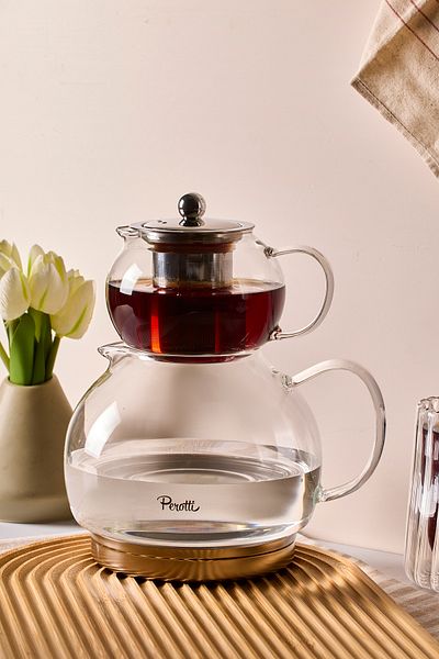 Perotti Diego Induction Base Borosilicate Glass Teapot Set 500 ml Teapot 1800 ml Water Bowl