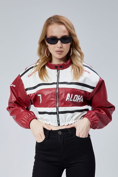 CHOS7N Women's Leather Printed Jacket - Rubber Waist, Sleeves and Prevailing Collar Bomber Coat
