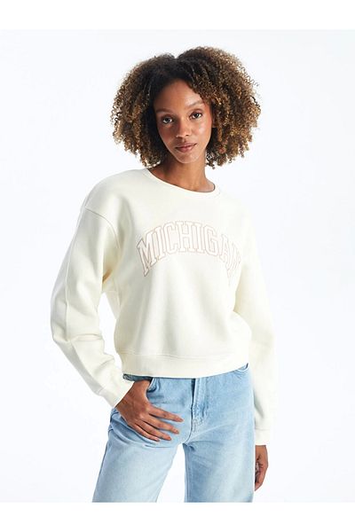 LC Waikiki Γυναικείο φούτερ με στάμπα Xside Beige Crew Neck