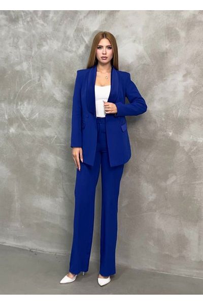 pembekurdelem Saks Blue Women's Satin Shawl Collar Jacket and Pants Set
