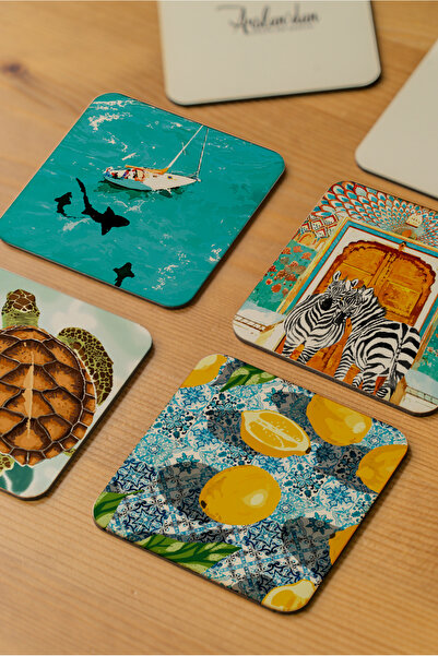 arslart طقم قواعد أكواب خشبية بطابع البحر والطبيعة (4 قطع - 10x10 سم)