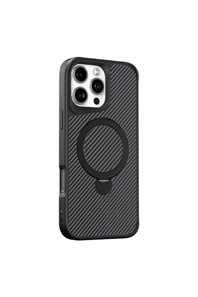 Gpack Apple iPhone 16 Pro Kılıf Karbon Fiber Magsafeli Standlı Alp Kapak Siyah