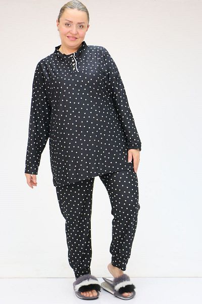 Eslina 47812 Large Size Half Placket Button Micro Suede Pajamas Set - Black