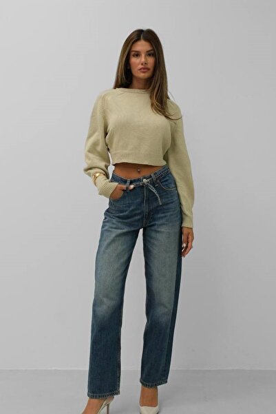 vuvutasarım Μακρυμάνικο με λαιμόκοψη κοντό μπεζ πουλόβερ 24W16025