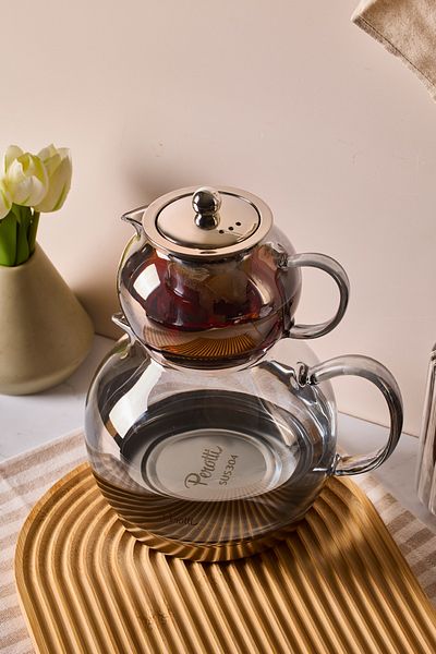 Perotti Diego Smoked Induction Base Borosilicate Glass Teapot Set 500 ml Teapot 1800 ml Water Bowl