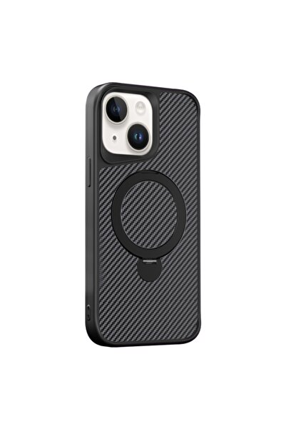 Gpack Apple iPhone 14 Plus Kılıf Karbon Fiber Magsafeli Standlı Alp Kapak Siyah