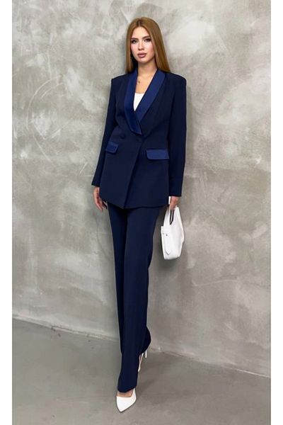 pembekurdelem Navy Blue Satin Women's Shawl Collar Jacket and Pants Set