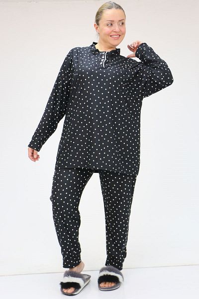 Eslina 47812 Large Size Half Placket Button Micro Suede Pajamas Set - Black