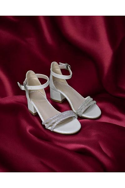 ALPELLİ ByAlp Girl's 3-Stripes Stone Mother of Pearl Heeled Evening Dress Shoes