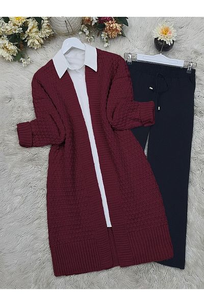 Modamorfo Claret Red Knitwear Cardigan - Embossed Pattern