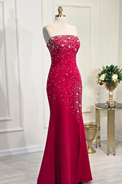 Yonca Moda Evi Kırmızı Krep Taş İşlemeli Abiye 4111