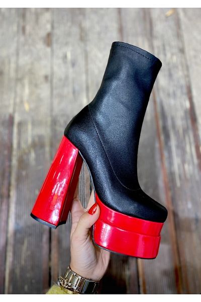 Afilli Women's Black Red Stretch Socks Double Layer Platform Thick High Heels Sexy Short Boots Stylish Boots