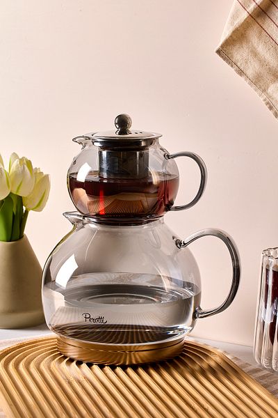 Perotti Diego Smoked Induction Base Borosilicate Glass Teapot Set 500 ml Teapot 1800 ml Water Bowl