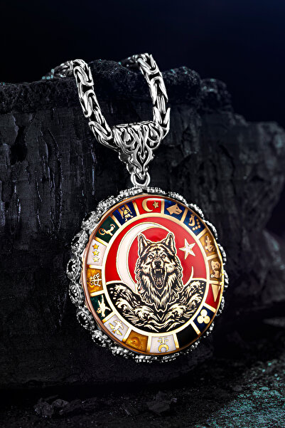 OSMANLI GÜMÜŞ Erkek Gümüş Kolye - 16 Türk Devleti Bayrakları Işlemeli Bozkurt Kral Zincirli Erkek Kolye