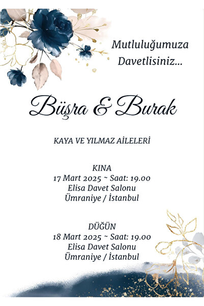 Rana İkra Art Mavi Yaprak Temalı Düğün Davetiyesi (50 Adet) (BASKI DAHİL DEĞİ...