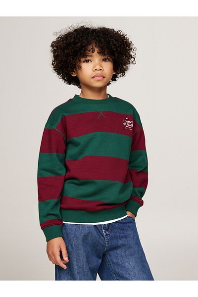 Tommy Hilfiger Green & Maroon Round Neck Full Sleeve Striped Sweatshirts