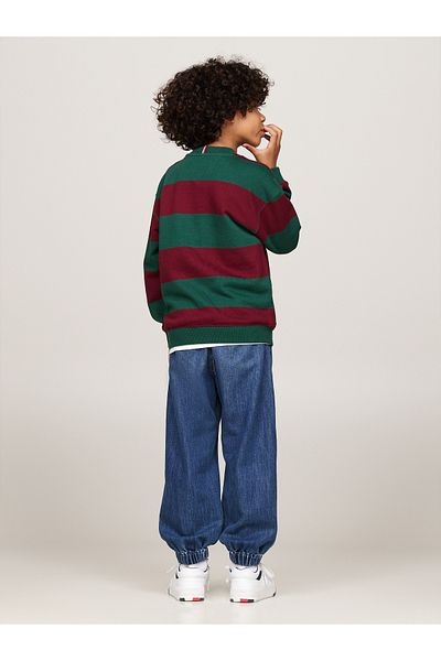 Tommy Hilfiger Green & Maroon Round Neck Full Sleeve Striped Sweatshirts