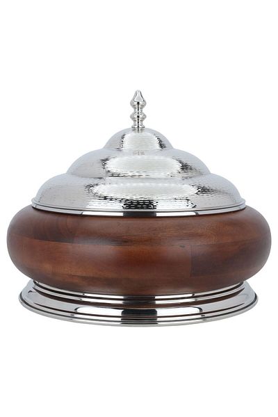Alsaif Gallery Round steel food container with a lid and a wooden base (22 x 28 x 28)