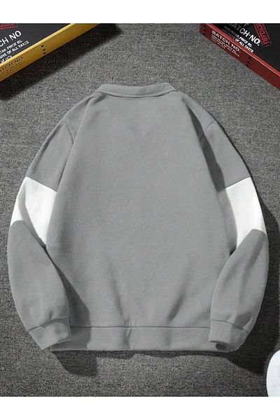 Altamira Unisex Smoke Gray Boutique Printed Oversize Piece Polo Neck Zippered Sweatshirt