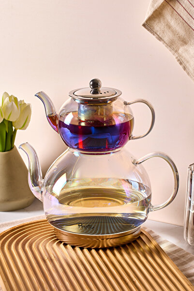 Perotti طقم إبريق شاي من زجاج البورسليكات من Keyf-i Ala Luster سعة 500 مل وإبريق شاي سعة 1800 مل