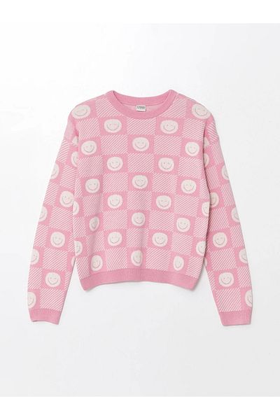 LC Waikiki Lcw Kids Pink Crew Neck Patterned Long Sleeve Girls Sweater Sweater
