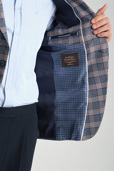 Frappoli Giraldo Чоловічий Синій - Бордо Картатий Слім Фіт Моно Комір Спортивний Блейзер