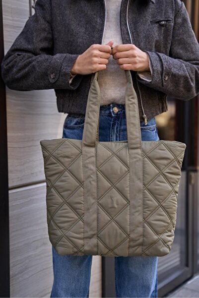 Madamra Khaki Women's Quilted Pattern Puff Bag